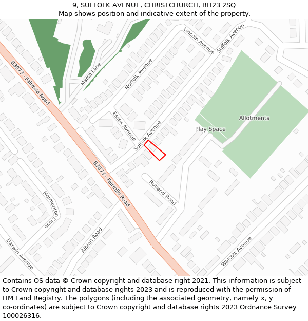 9, SUFFOLK AVENUE, CHRISTCHURCH, BH23 2SQ: Location map and indicative extent of plot