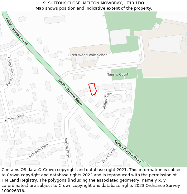 9, SUFFOLK CLOSE, MELTON MOWBRAY, LE13 1DQ: Location map and indicative extent of plot