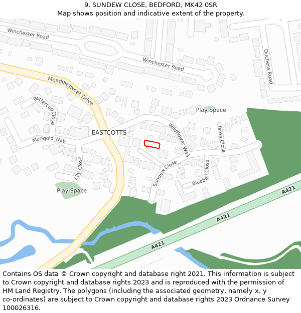 9, SUNDEW CLOSE, BEDFORD, MK42 0SR: Location map and indicative extent of plot