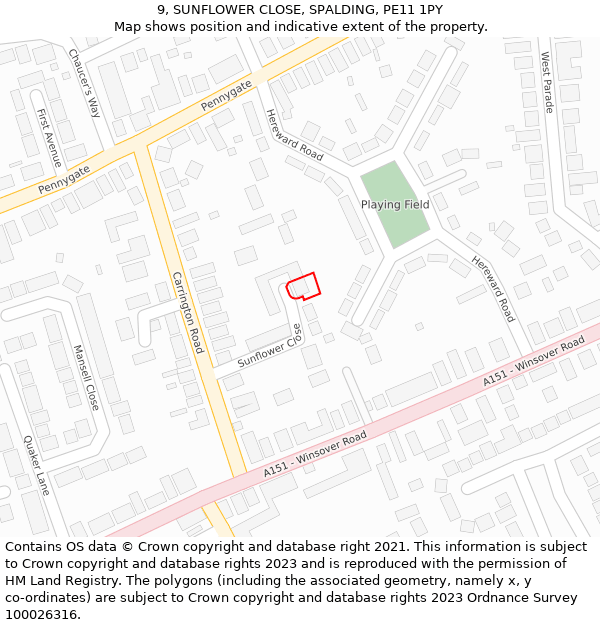 9, SUNFLOWER CLOSE, SPALDING, PE11 1PY: Location map and indicative extent of plot