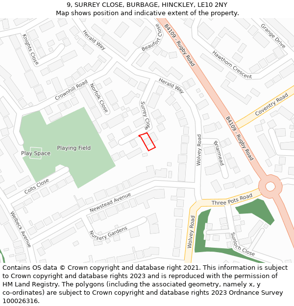 9, SURREY CLOSE, BURBAGE, HINCKLEY, LE10 2NY: Location map and indicative extent of plot