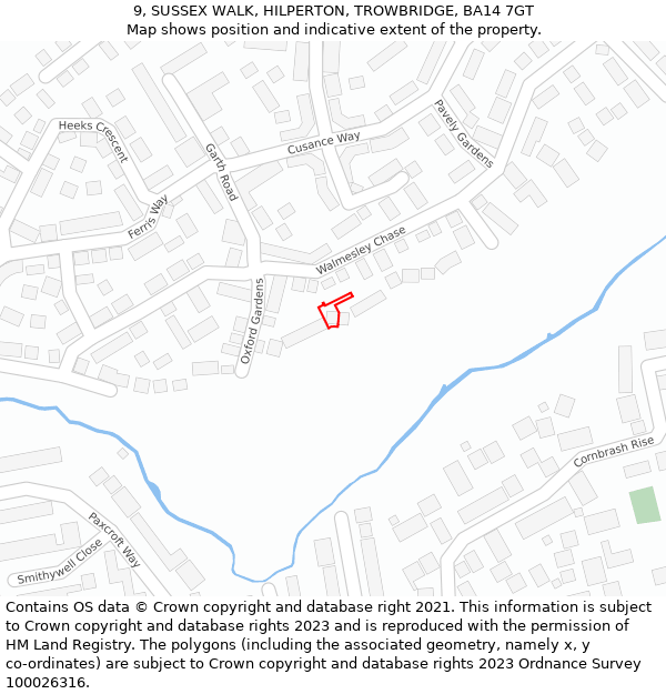 9, SUSSEX WALK, HILPERTON, TROWBRIDGE, BA14 7GT: Location map and indicative extent of plot