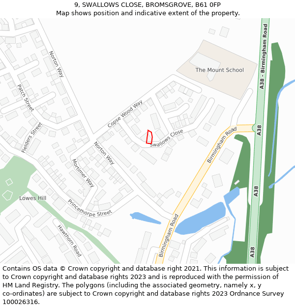 9, SWALLOWS CLOSE, BROMSGROVE, B61 0FP: Location map and indicative extent of plot