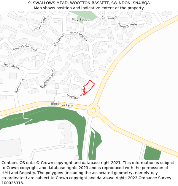 9, SWALLOWS MEAD, WOOTTON BASSETT, SWINDON, SN4 8QA: Location map and indicative extent of plot