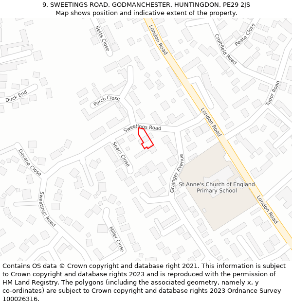 9, SWEETINGS ROAD, GODMANCHESTER, HUNTINGDON, PE29 2JS: Location map and indicative extent of plot