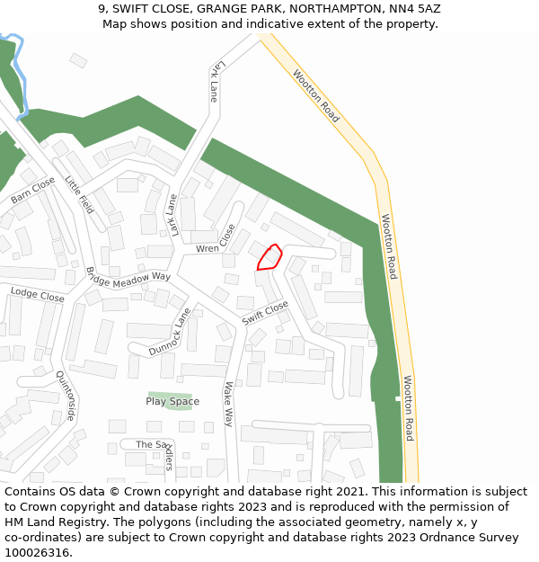 9, SWIFT CLOSE, GRANGE PARK, NORTHAMPTON, NN4 5AZ: Location map and indicative extent of plot