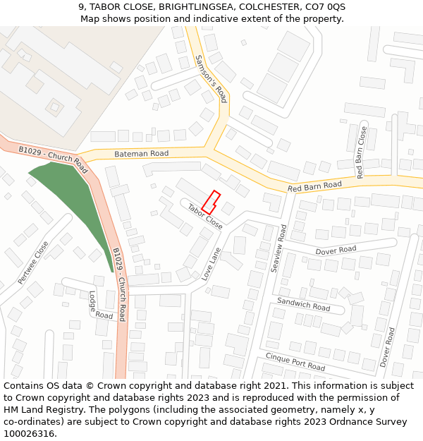 9, TABOR CLOSE, BRIGHTLINGSEA, COLCHESTER, CO7 0QS: Location map and indicative extent of plot