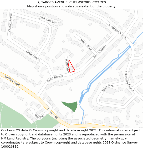 9, TABORS AVENUE, CHELMSFORD, CM2 7ES: Location map and indicative extent of plot