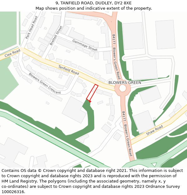 9, TANFIELD ROAD, DUDLEY, DY2 8XE: Location map and indicative extent of plot