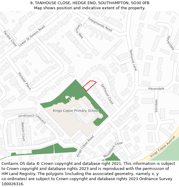 9, TANHOUSE CLOSE, HEDGE END, SOUTHAMPTON, SO30 0FB: Location map and indicative extent of plot