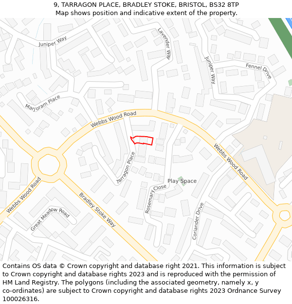 9, TARRAGON PLACE, BRADLEY STOKE, BRISTOL, BS32 8TP: Location map and indicative extent of plot