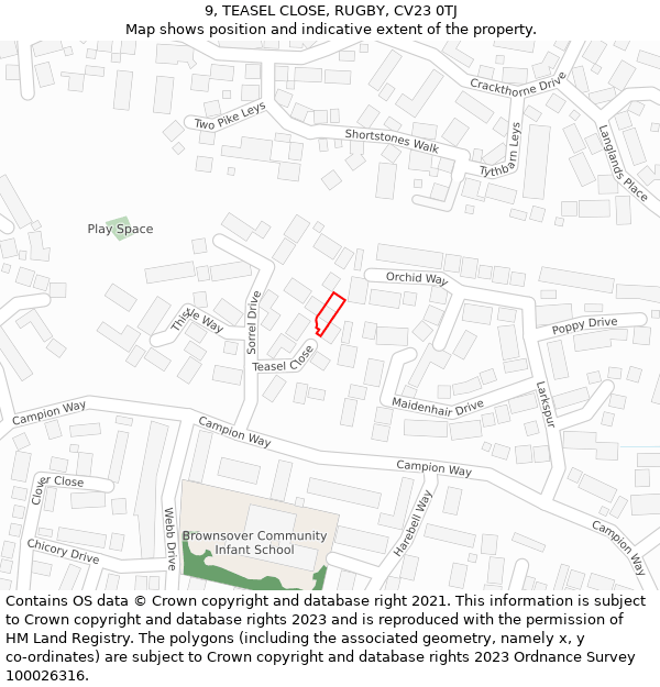 9, TEASEL CLOSE, RUGBY, CV23 0TJ: Location map and indicative extent of plot