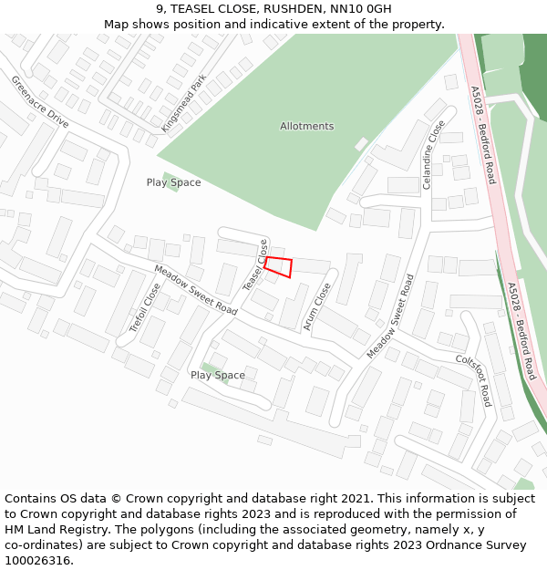 9, TEASEL CLOSE, RUSHDEN, NN10 0GH: Location map and indicative extent of plot