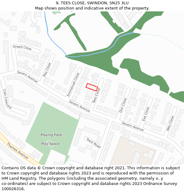 9, TEES CLOSE, SWINDON, SN25 3LU: Location map and indicative extent of plot