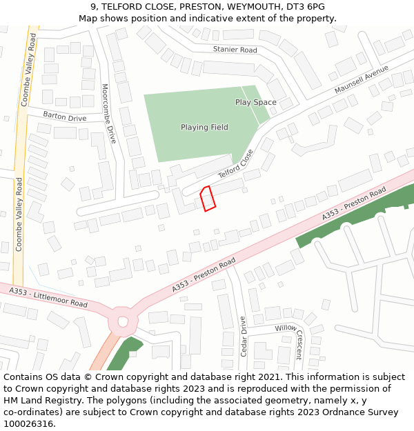 9, TELFORD CLOSE, PRESTON, WEYMOUTH, DT3 6PG: Location map and indicative extent of plot