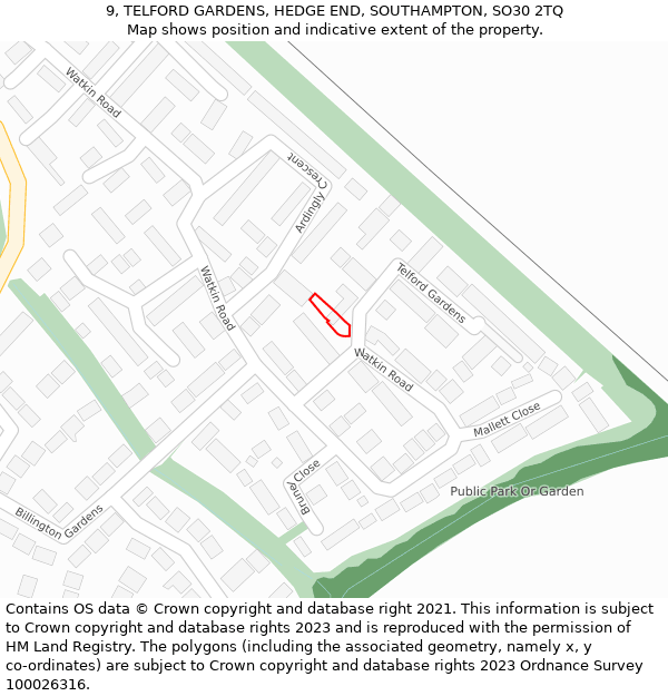 9, TELFORD GARDENS, HEDGE END, SOUTHAMPTON, SO30 2TQ: Location map and indicative extent of plot