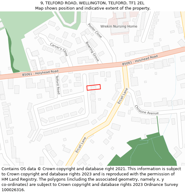 9, TELFORD ROAD, WELLINGTON, TELFORD, TF1 2EL: Location map and indicative extent of plot