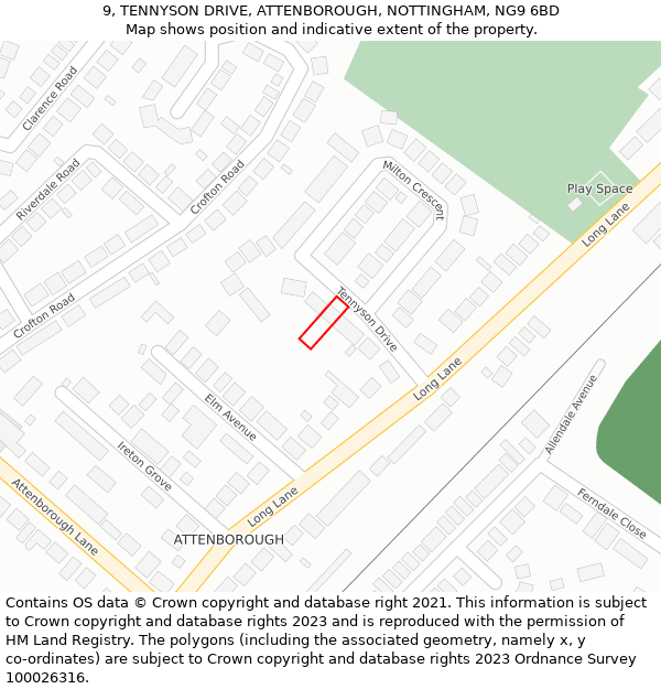 9, TENNYSON DRIVE, ATTENBOROUGH, NOTTINGHAM, NG9 6BD: Location map and indicative extent of plot