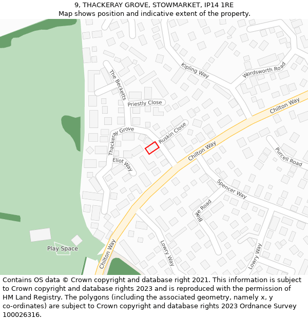 9, THACKERAY GROVE, STOWMARKET, IP14 1RE: Location map and indicative extent of plot