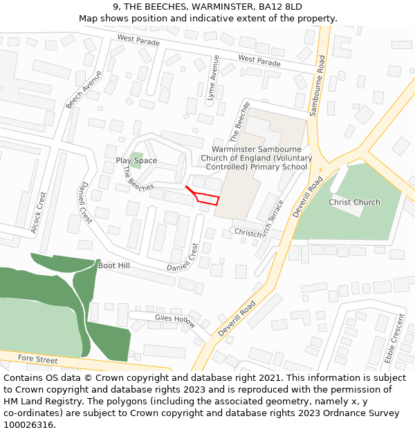 9, THE BEECHES, WARMINSTER, BA12 8LD: Location map and indicative extent of plot