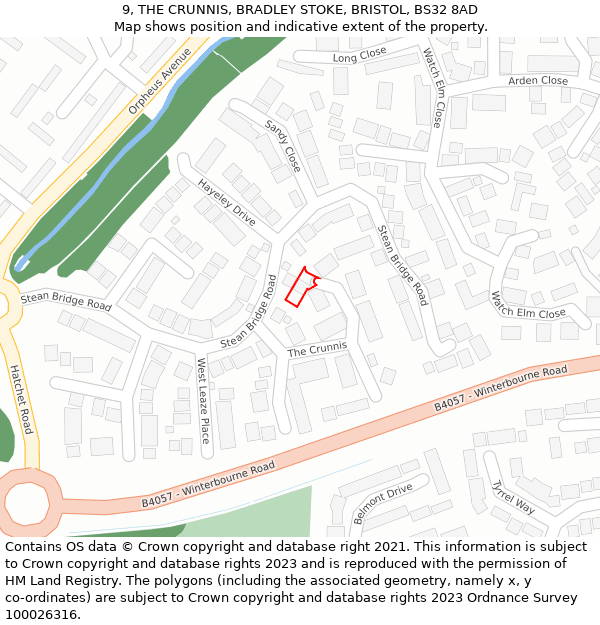 9, THE CRUNNIS, BRADLEY STOKE, BRISTOL, BS32 8AD: Location map and indicative extent of plot