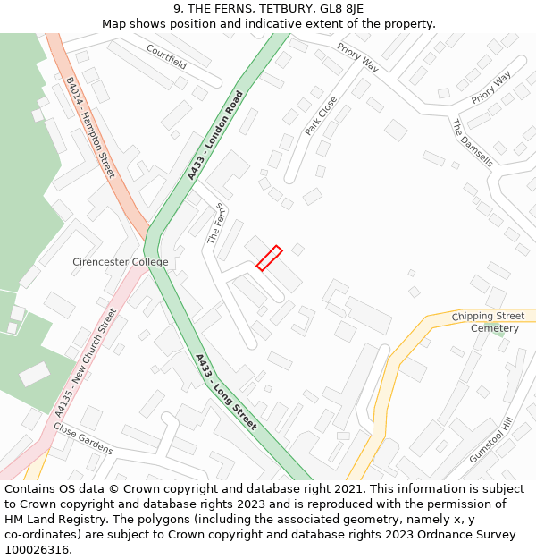 9, THE FERNS, TETBURY, GL8 8JE: Location map and indicative extent of plot