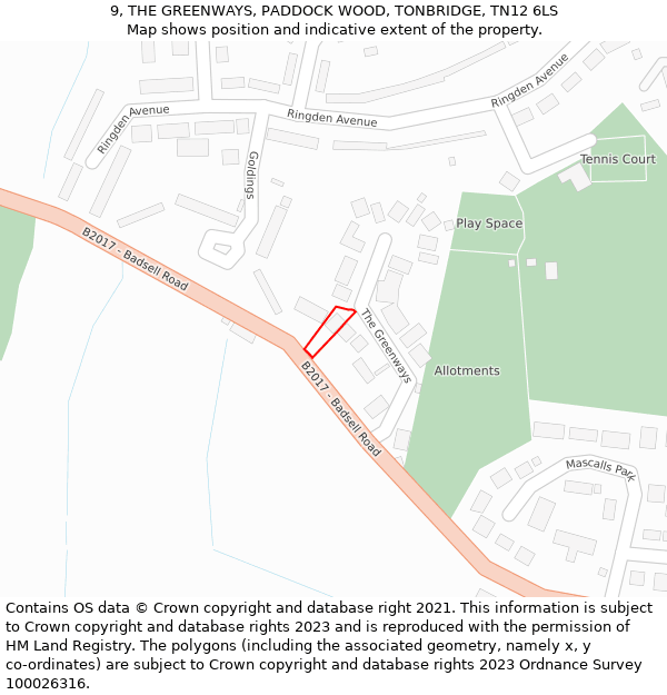 9, THE GREENWAYS, PADDOCK WOOD, TONBRIDGE, TN12 6LS: Location map and indicative extent of plot