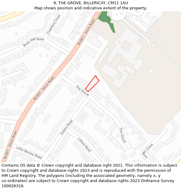 9, THE GROVE, BILLERICAY, CM11 1AU: Location map and indicative extent of plot