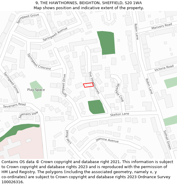 9, THE HAWTHORNES, BEIGHTON, SHEFFIELD, S20 1WA: Location map and indicative extent of plot