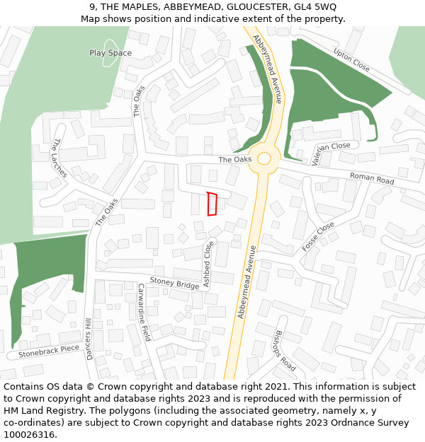 9, THE MAPLES, ABBEYMEAD, GLOUCESTER, GL4 5WQ: Location map and indicative extent of plot