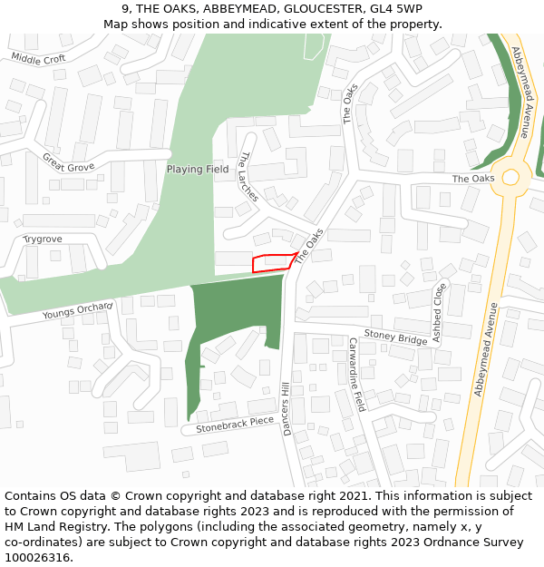 9, THE OAKS, ABBEYMEAD, GLOUCESTER, GL4 5WP: Location map and indicative extent of plot