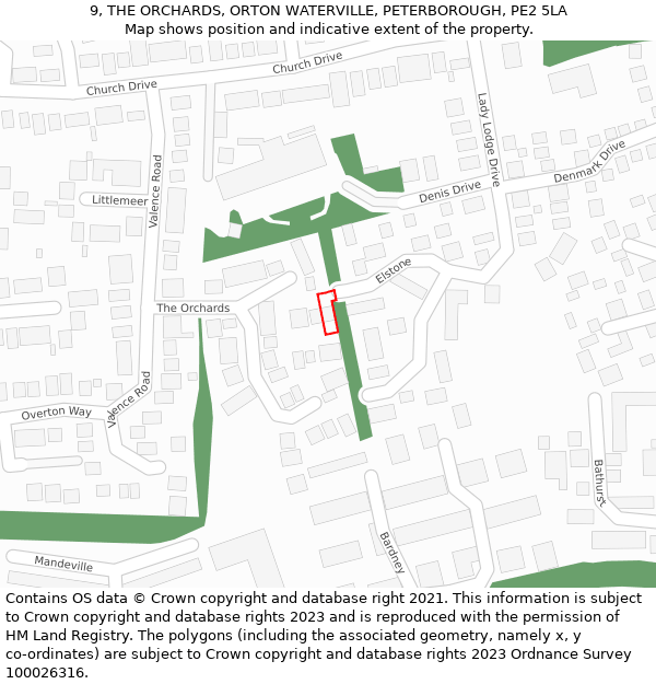 9, THE ORCHARDS, ORTON WATERVILLE, PETERBOROUGH, PE2 5LA: Location map and indicative extent of plot