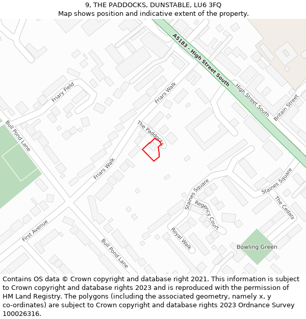 9, THE PADDOCKS, DUNSTABLE, LU6 3FQ: Location map and indicative extent of plot