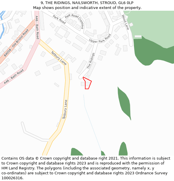 9, THE RIDINGS, NAILSWORTH, STROUD, GL6 0LP: Location map and indicative extent of plot