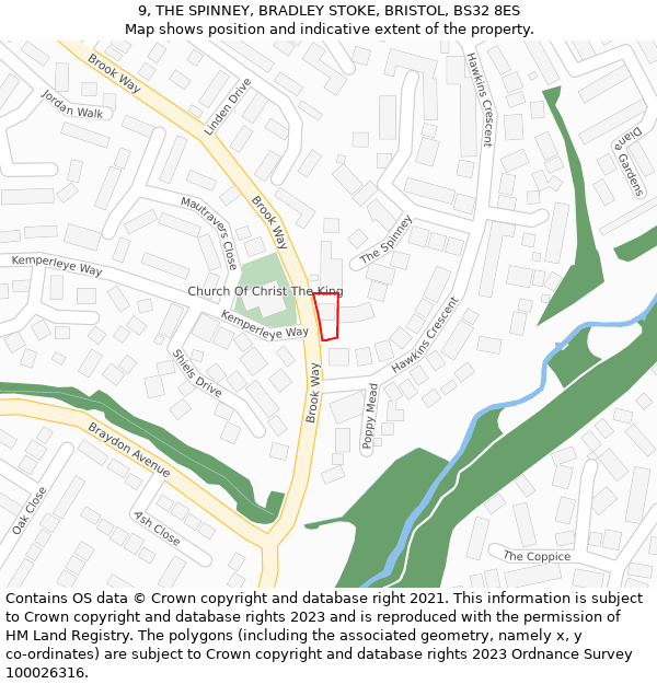 9, THE SPINNEY, BRADLEY STOKE, BRISTOL, BS32 8ES: Location map and indicative extent of plot