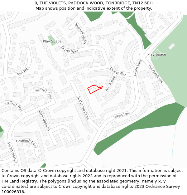 9, THE VIOLETS, PADDOCK WOOD, TONBRIDGE, TN12 6BH: Location map and indicative extent of plot