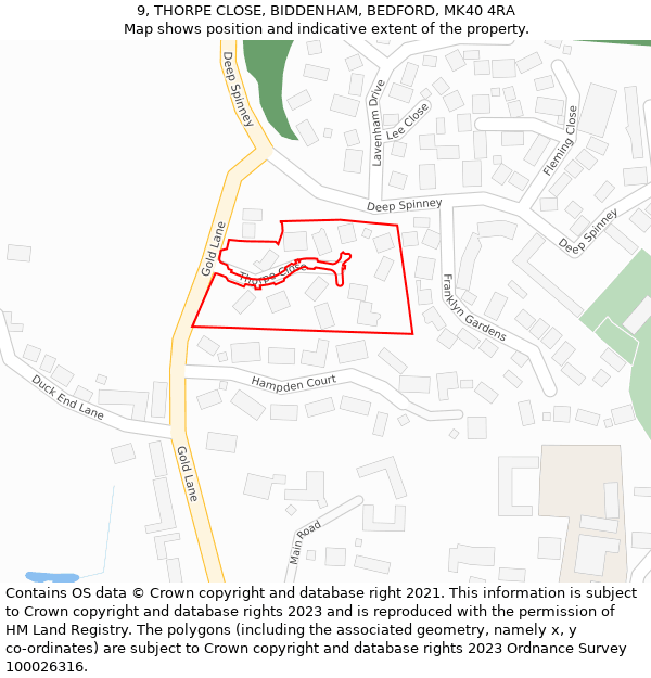 9, THORPE CLOSE, BIDDENHAM, BEDFORD, MK40 4RA: Location map and indicative extent of plot