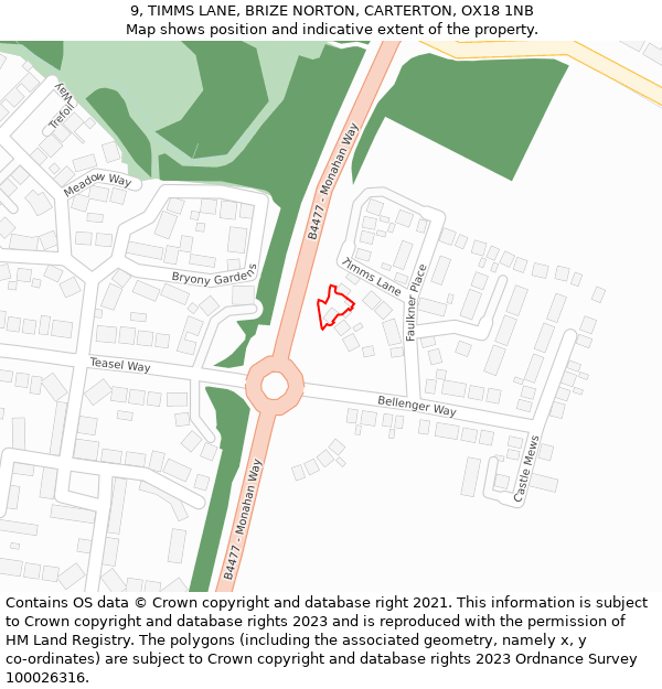 9, TIMMS LANE, BRIZE NORTON, CARTERTON, OX18 1NB: Location map and indicative extent of plot