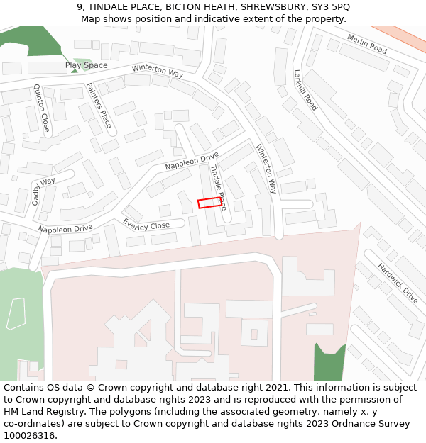 9, TINDALE PLACE, BICTON HEATH, SHREWSBURY, SY3 5PQ: Location map and indicative extent of plot