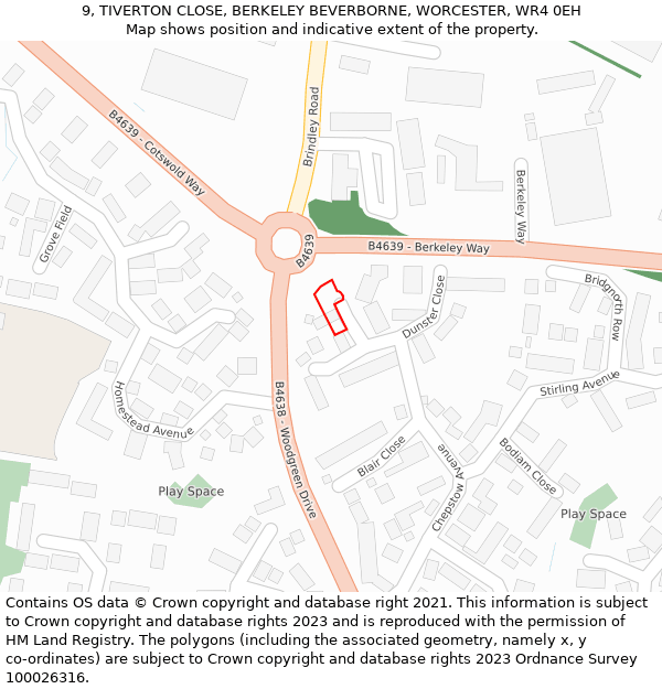 9, TIVERTON CLOSE, BERKELEY BEVERBORNE, WORCESTER, WR4 0EH: Location map and indicative extent of plot