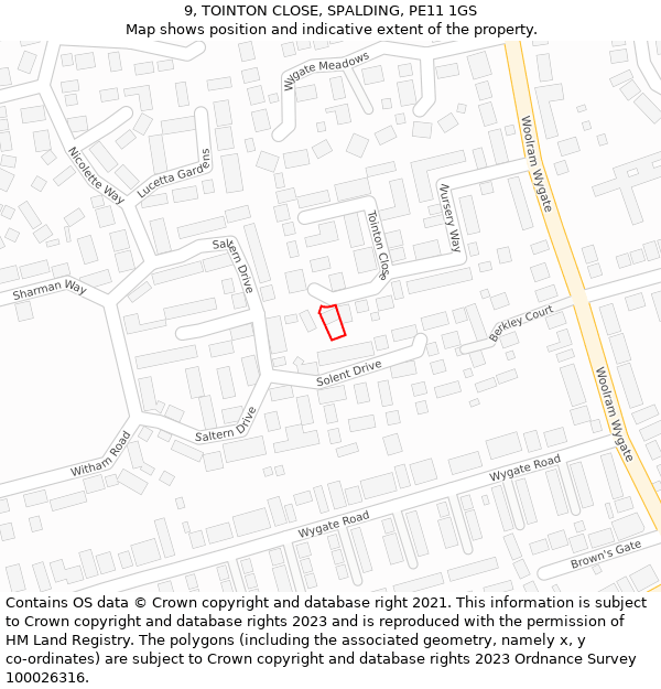 9, TOINTON CLOSE, SPALDING, PE11 1GS: Location map and indicative extent of plot