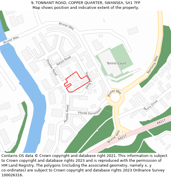 9, TONNANT ROAD, COPPER QUARTER, SWANSEA, SA1 7FP: Location map and indicative extent of plot