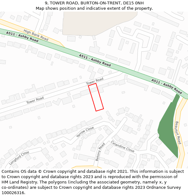9, TOWER ROAD, BURTON-ON-TRENT, DE15 0NH: Location map and indicative extent of plot