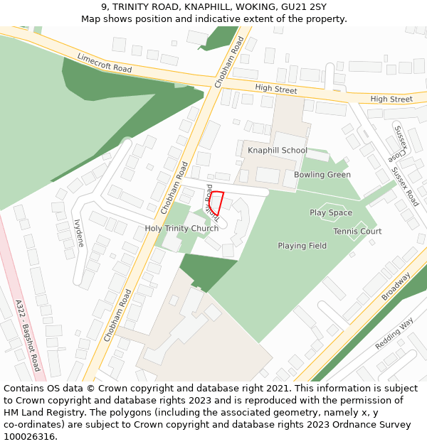 9, TRINITY ROAD, KNAPHILL, WOKING, GU21 2SY: Location map and indicative extent of plot