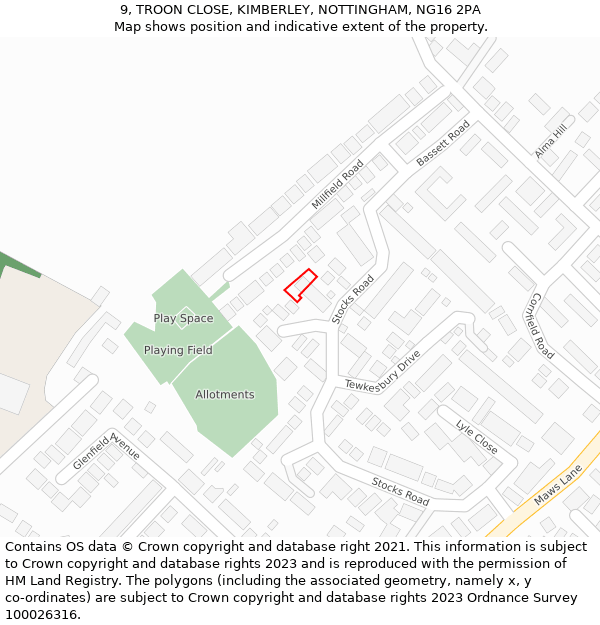 9, TROON CLOSE, KIMBERLEY, NOTTINGHAM, NG16 2PA: Location map and indicative extent of plot