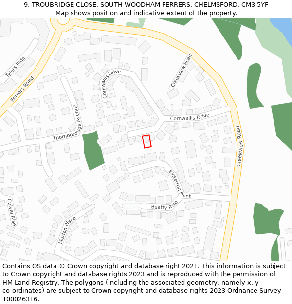 9, TROUBRIDGE CLOSE, SOUTH WOODHAM FERRERS, CHELMSFORD, CM3 5YF: Location map and indicative extent of plot