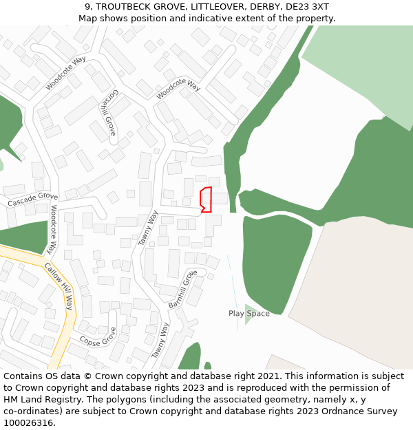 9, TROUTBECK GROVE, LITTLEOVER, DERBY, DE23 3XT: Location map and indicative extent of plot