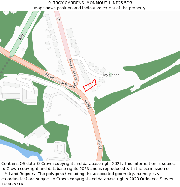 9, TROY GARDENS, MONMOUTH, NP25 5DB: Location map and indicative extent of plot