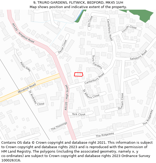 9, TRURO GARDENS, FLITWICK, BEDFORD, MK45 1UH: Location map and indicative extent of plot