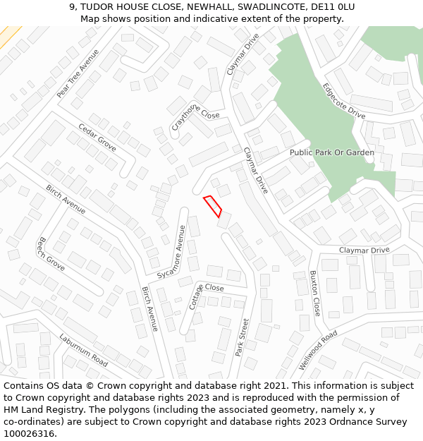 9, TUDOR HOUSE CLOSE, NEWHALL, SWADLINCOTE, DE11 0LU: Location map and indicative extent of plot